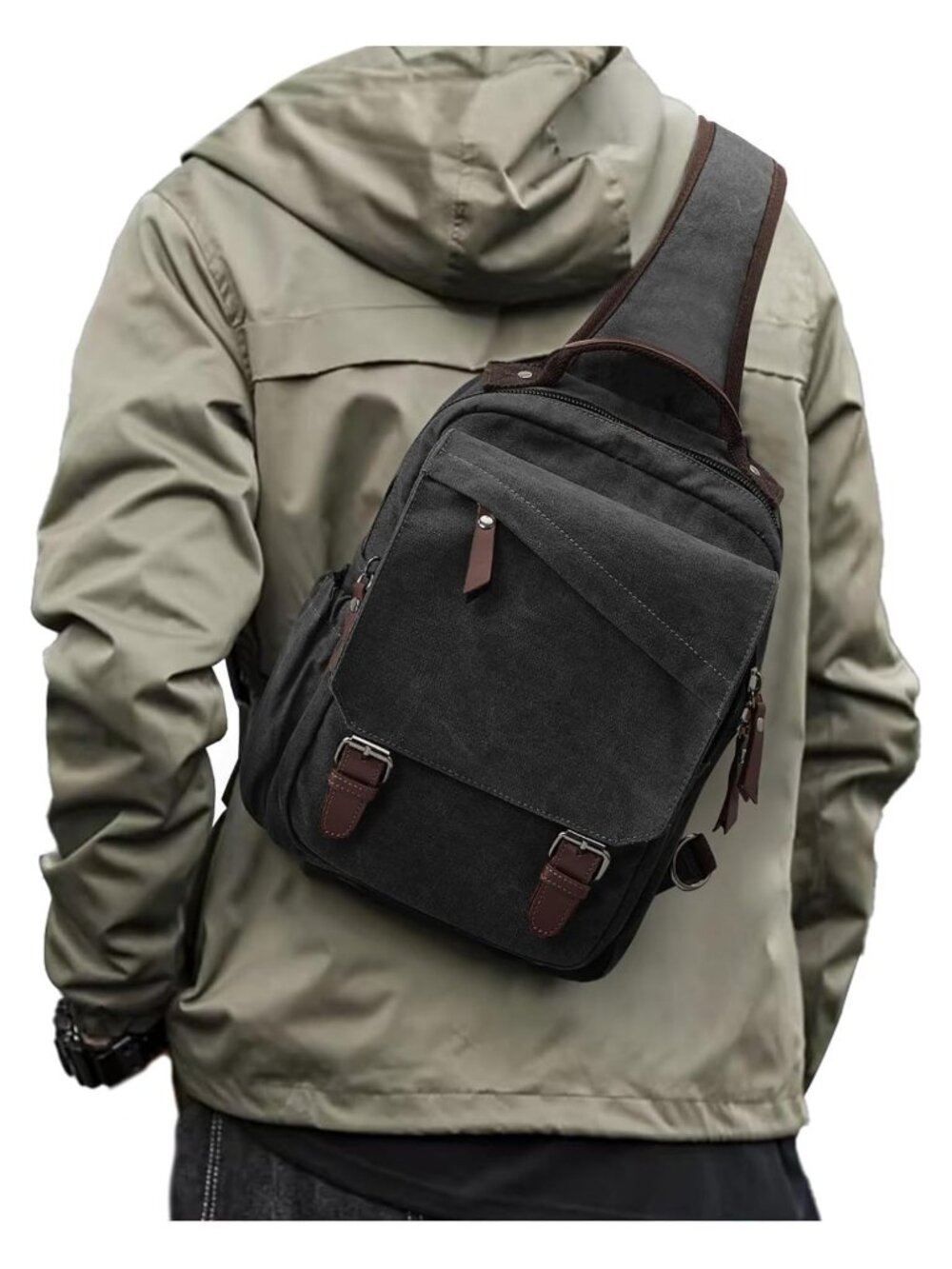 Unisex Canvas Messenger Bag Crossbody Sling Backpack PU Leather Travel